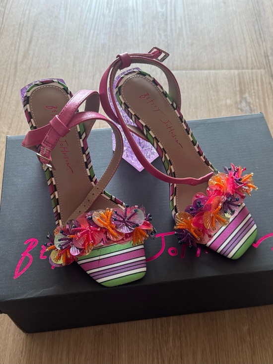 Betsey Johnson Shoes - Betsey Johnson Pink Striped Floral Beaded Block Heel Sandals